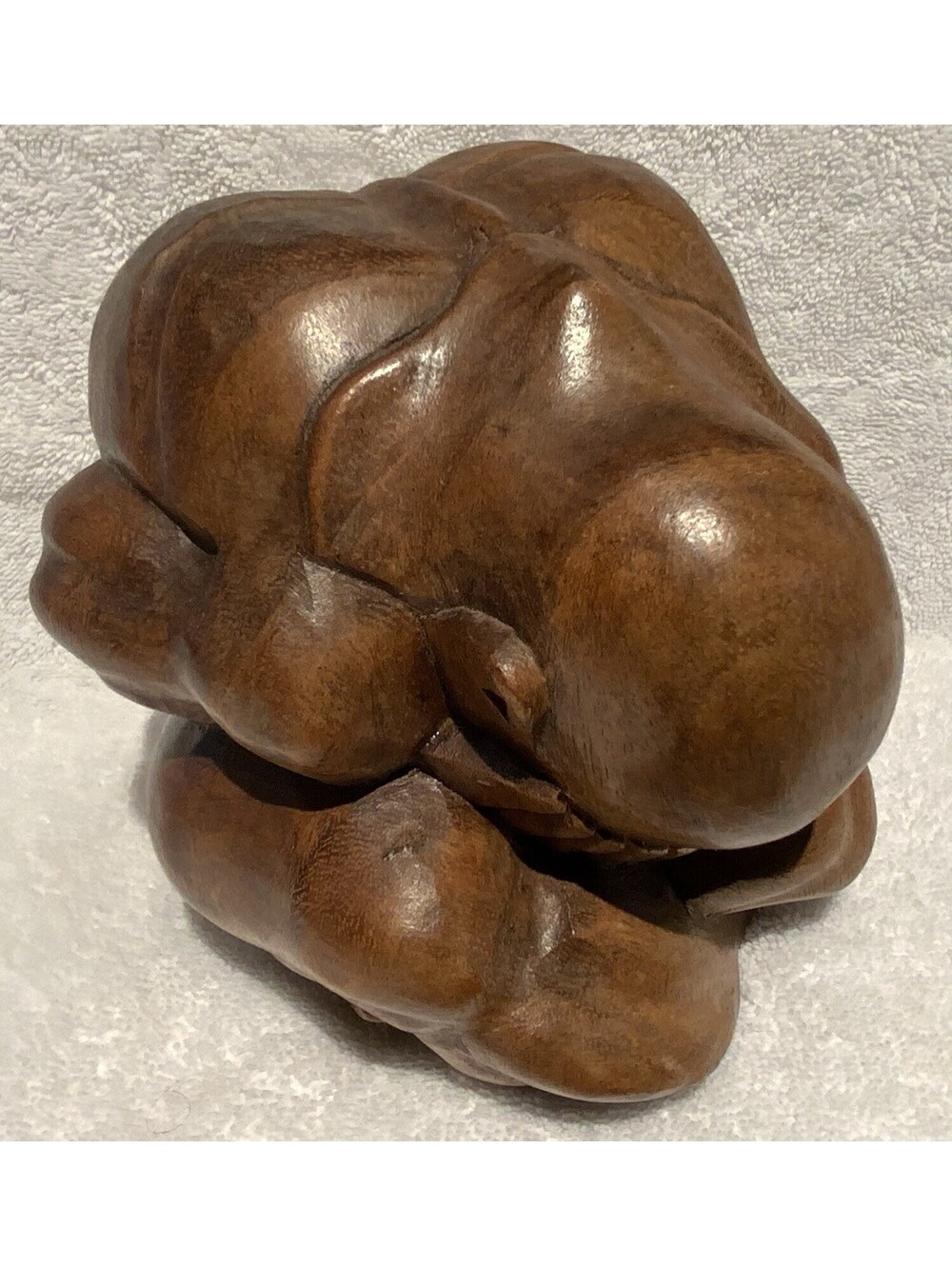 Vintage 5.25”H Hand Carved Wooden ‘Weeping Buddha’ Ball Sculpture